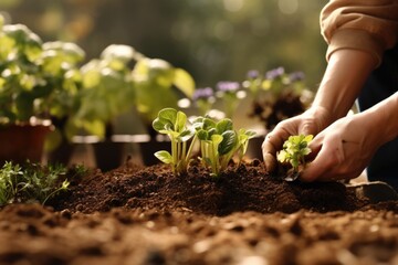 A person is planting plants in the dirt. This image can be used to illustrate gardening or horticulture activities