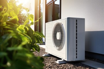 A white air conditioner sitting on the side of a building. Suitable for use in architectural, construction, or home improvement projects