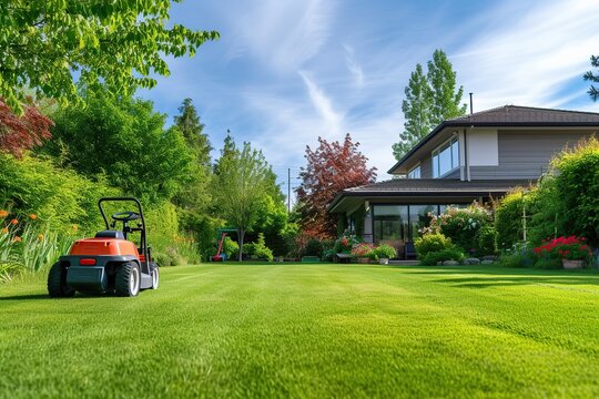 Back house yard with nice landscaping and lawn mower on green grass