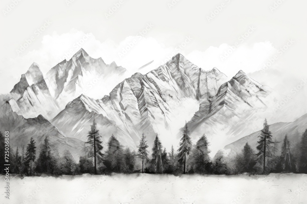 Poster a black and white drawing depicting a mountain range. this versatile image can be used for various p
