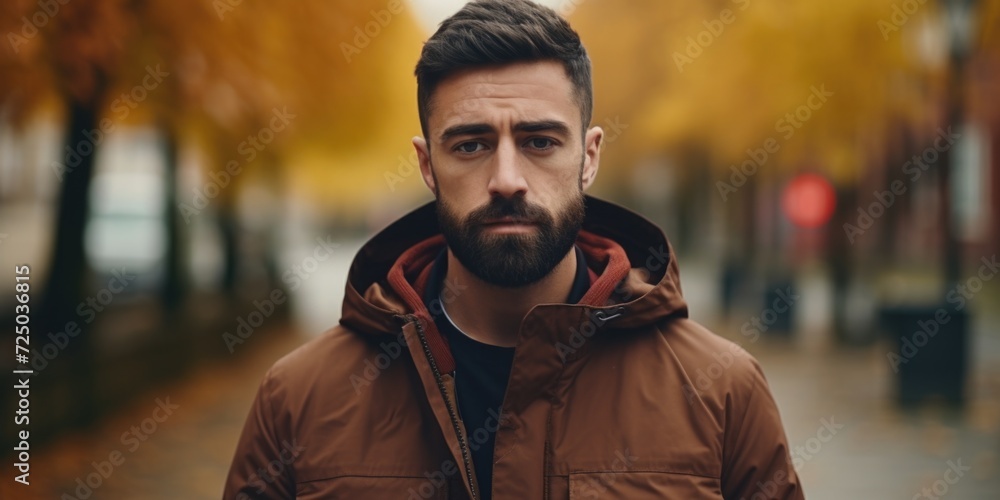 Poster a man with a beard wearing a brown jacket. suitable for various concepts and themes