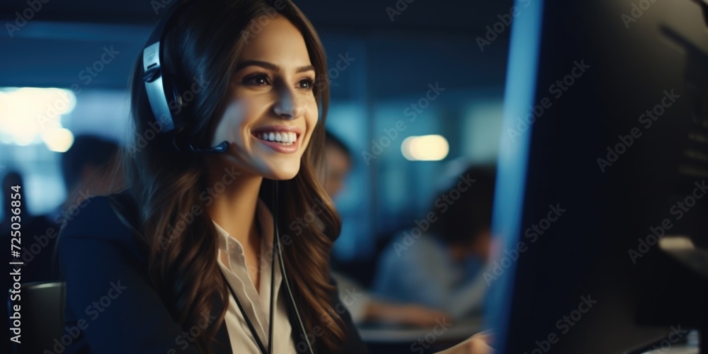 Poster A woman sitting in front of a computer wearing a headset. This image can be used to depict a customer service representative or someone working in a call center