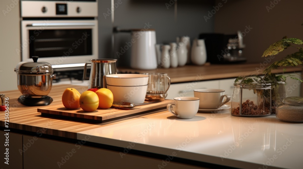 Poster a kitchen counter displaying various bowls and cups. perfect for showcasing kitchenware or for food 