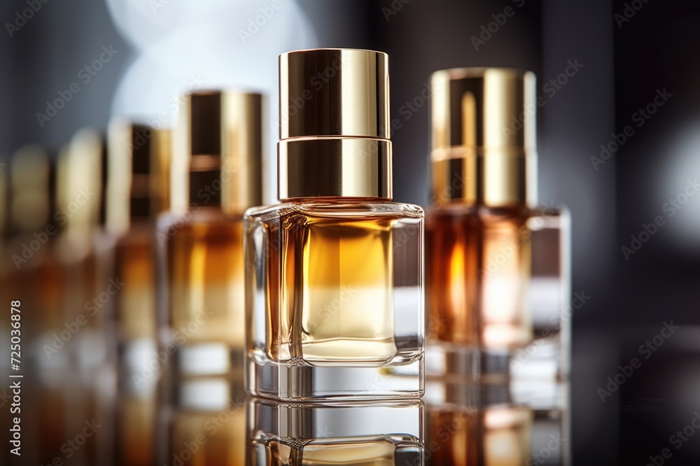 Poster Perfume bottles lined up on a table. Suitable for beauty and fragrance-related projects