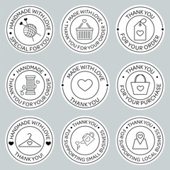 Collection of printable round labels for handmade business, sewing, knitting, textile. Made with love, support local. Thank you for your order. Thank you for supporting local business. For packaging.