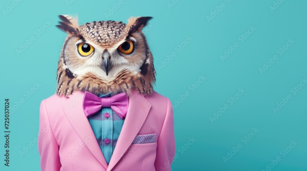 Poster an adorable owl dressed in a pink suit and a purple bow tie. perfect for adding a touch of whimsy to