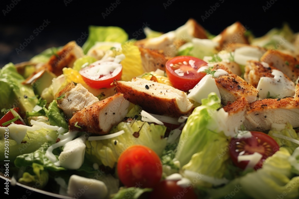Poster a close-up view of a salad with chicken and tomatoes. perfect for illustrating healthy eating or sum