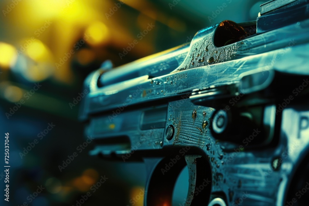 Poster a close-up view of a gun placed on a table. suitable for illustrating crime scenes or law enforcemen
