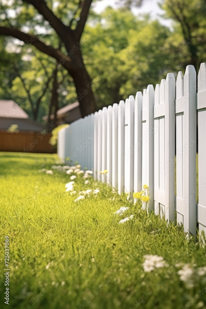 Poster a picturesque scene of a white picket fence with daisies growing in the lush green grass. perfect fo
