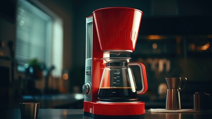 A red coffee maker sitting on top of a counter. Perfect for kitchen decor and coffee-related designs - obrazy, fototapety, plakaty