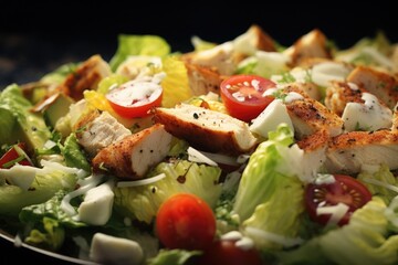 A close-up view of a salad with chicken and tomatoes. Perfect for illustrating healthy eating or summer recipes