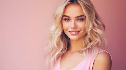 Fototapeta premium A woman with blonde hair wearing a pink top. Perfect for fashion and lifestyle-related projects