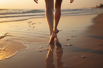 A woman walking on the beach at sunset. Perfect for travel or relaxation-themed projects
