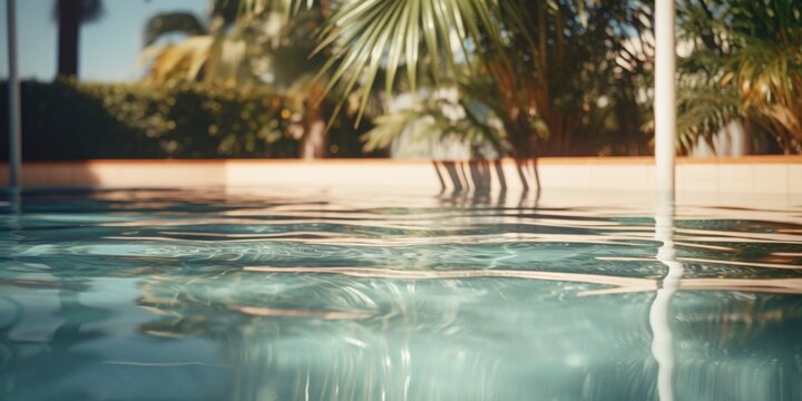 A blurry photo of a pool with palm trees in the background. Perfect for travel brochures or vacation websites