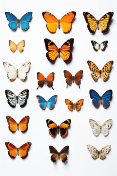 Colorful butterflies gathered together on a white surface. Perfect for nature-themed designs and projects © Fotograf