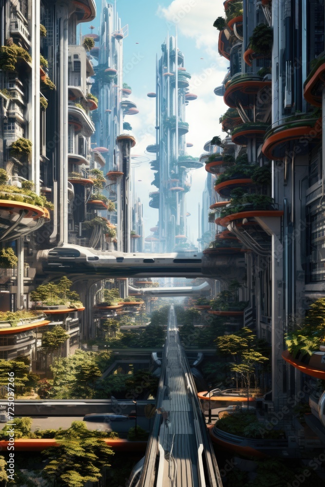 Poster a futuristic city with a train passing through. perfect for illustrating a modern urban landscape or