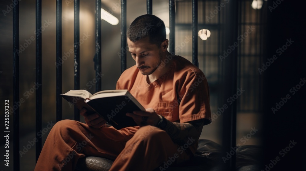 Poster a man is seen reading a book inside a jail cell. this image can be used to depict incarceration, imp