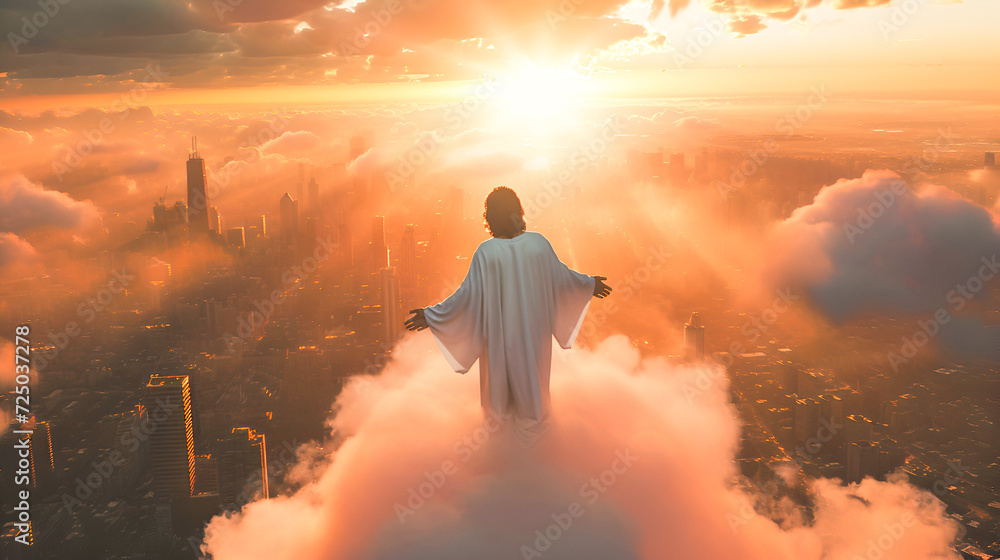 Wall mural jesus christ stands in heaven with clouds at dawn and watches, sings, blesses a large modern city wi - Wall murals