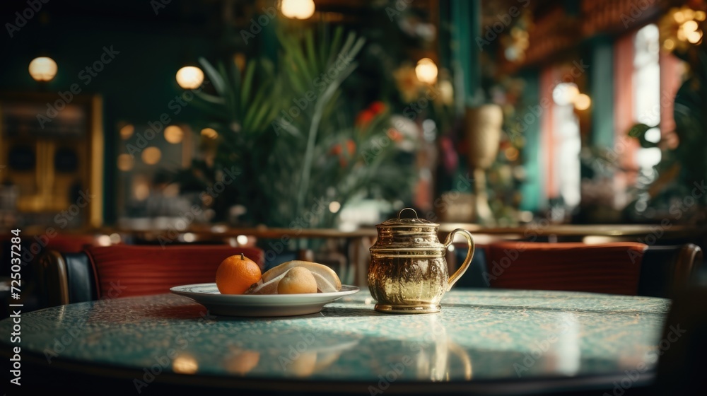 Poster A table with a plate of various fruits and a pitcher. Perfect for food and beverage concepts