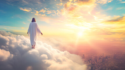 Jesus Christ stands in heaven with clouds at dawn and watches and blesses a large modern city with skyscrapers.