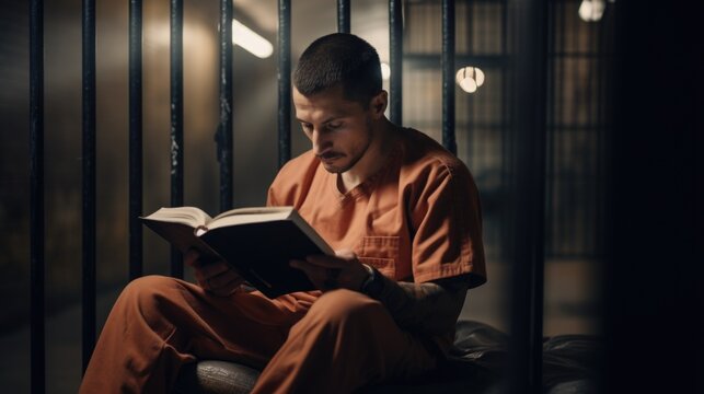 A man is seen reading a book inside a jail cell. This image can be used to depict incarceration, imprisonment, or the concept of finding solace in literature even in difficult circumstances