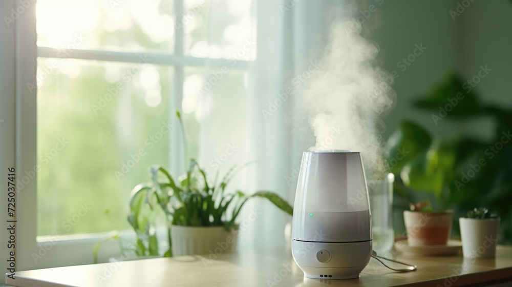 Poster a humidifier sitting on top of a wooden table. perfect for adding moisture to the air in any room
