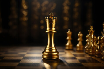 Lonely golden queen chess piece symbolizing leadership and business strategy on dark chessboard background - obrazy, fototapety, plakaty