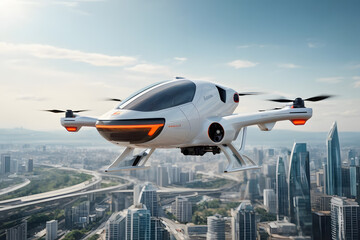 futuristic manned roto passenger drone flying in the sky over modern city for future air transportation and robotaxi concept as wide banner with copy space area