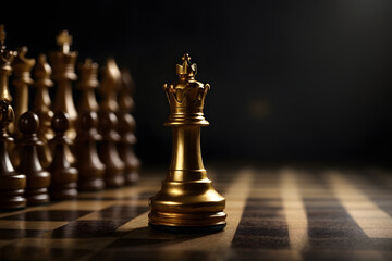 Lonely golden queen chess piece symbolizing leadership and business strategy on dark chessboard background