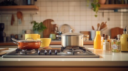A picture of a stove top with various pots and pans. Perfect for illustrating cooking, culinary skills, and kitchen appliances