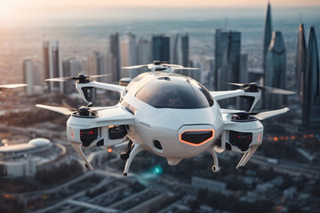 futuristic manned roto passenger drone flying in the sky over modern city for future air transportation and robotaxi concept as wide banner with copy space area