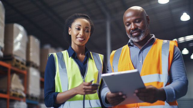 Warehouse worker and manager checks stock and inventory with using digital tablet computer in the retail warehouse.