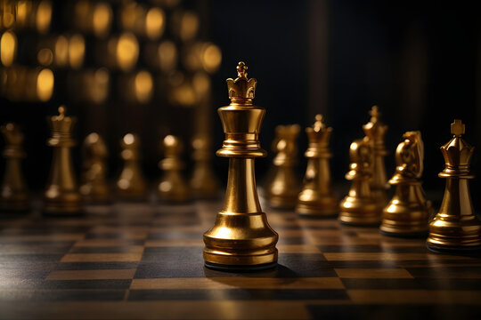 Lonely golden queen chess piece symbolizing leadership and business strategy on dark chessboard background