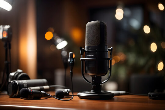 Professional podcast setup with microphone and bokeh lights, creating a cozy recording atmosphere