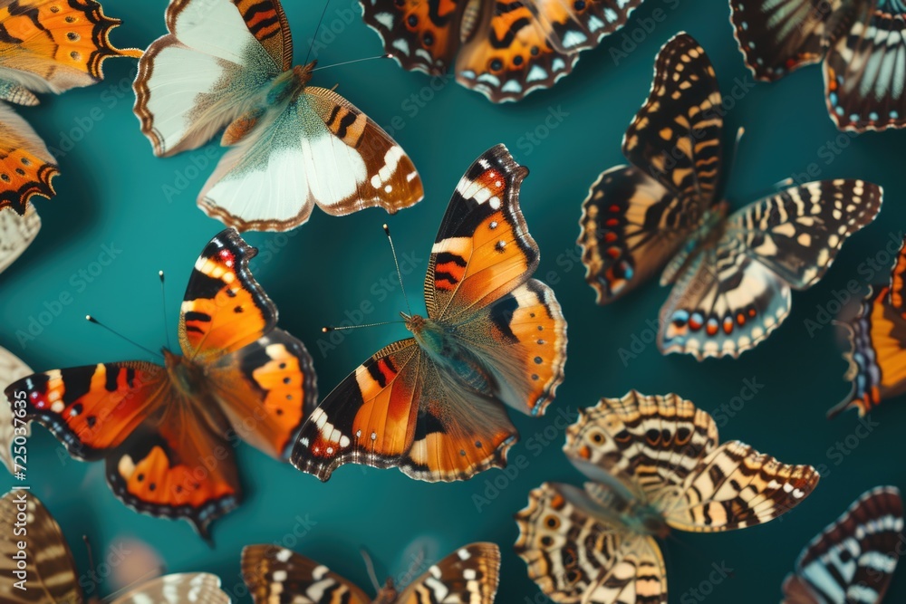 Poster a group of colorful butterflies gathered on a table. perfect for adding a touch of nature and beauty