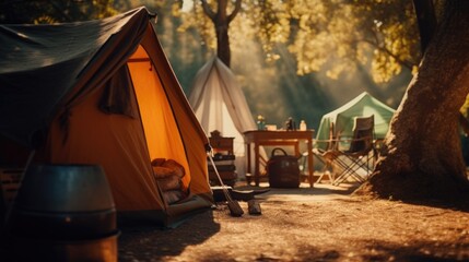 Two tents placed together in a camping site. Suitable for outdoor adventure and camping themes