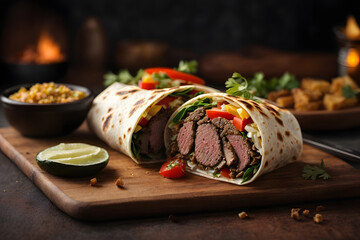 fresh grilled donner or shawarma beef wrap roll hot ready to serve and eat as wide banner with copyspace area