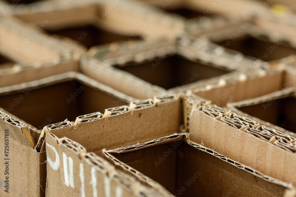 Poster a close-up view of a bunch of cardboard boxes. perfect for illustrating shipping, storage, or moving