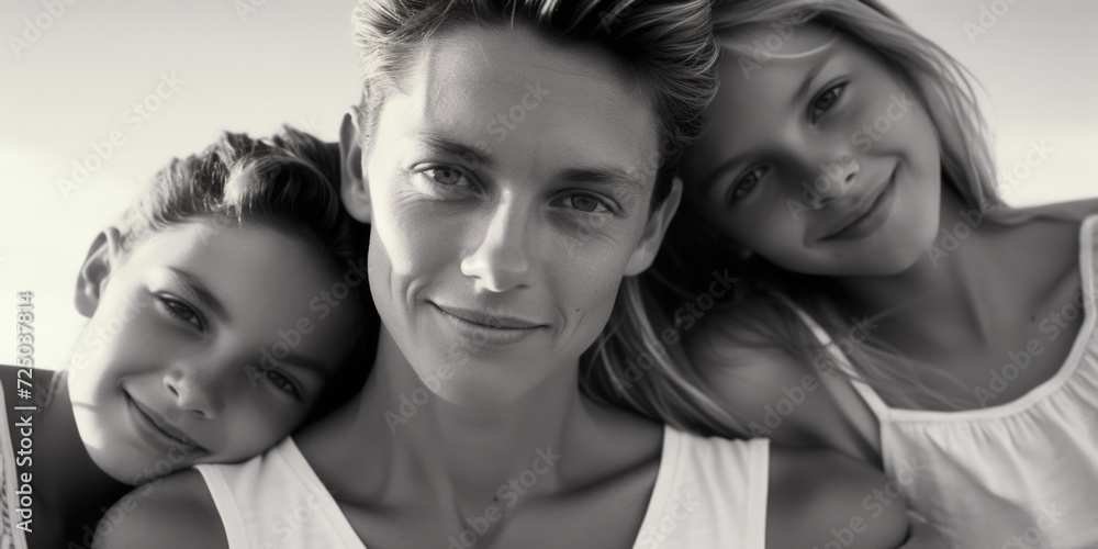 Poster a black and white photo capturing the essence of two women and a child. this versatile image can be 