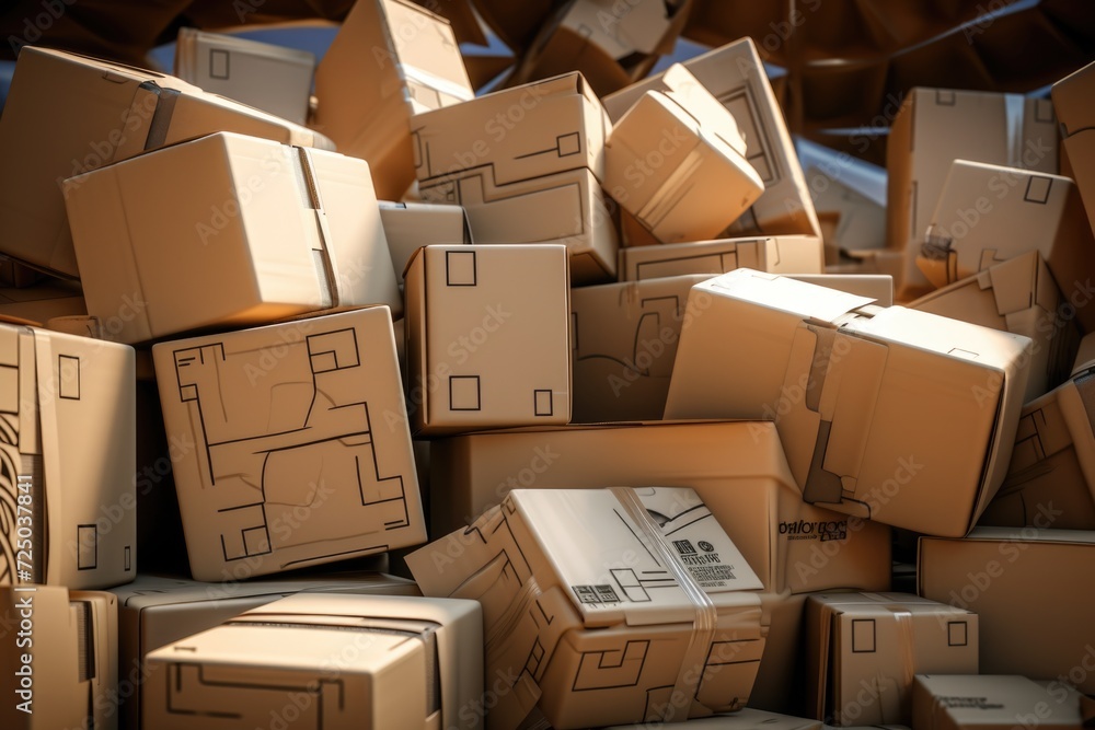 Poster a pile of cardboard boxes sitting on top of each other. suitable for logistics, storage, or moving c