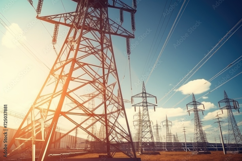 Poster A picture of a large tower with numerous electrical wires in the background. This image can be used to represent technology, infrastructure, or electricity-related concepts