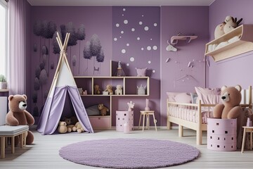 Interior of a children's room in violet beneath a fake