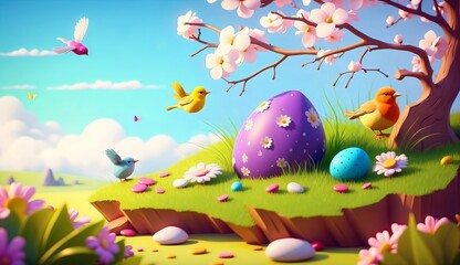 Cute Easter chick, birds and floral colorful eggs at green meadow grass, spring  illustration cartoon background