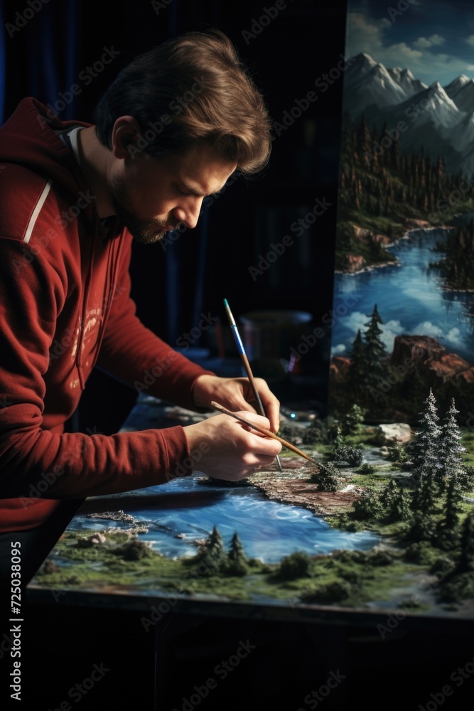Poster a man is painting a picture of a mountain landscape. this image can be used for artistic inspiration