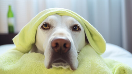 Dog Labrador Retriever relaxed from spa procedures covered with a towel.
