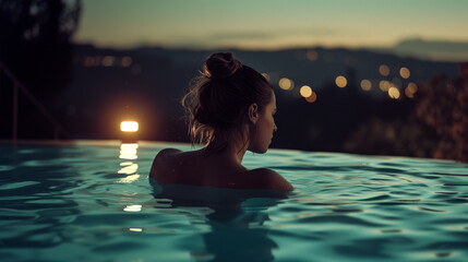 Beautiful woman in swimming pool in the Hollywood Hills at night