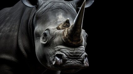 A detailed close-up shot of a rhino on a black background. Perfect for wildlife enthusiasts or educational materials about endangered species