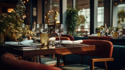 A table set with wine glasses and plates, suitable for elegant dining occasions. Can be used to depict fine dining, celebrations, or restaurant themes