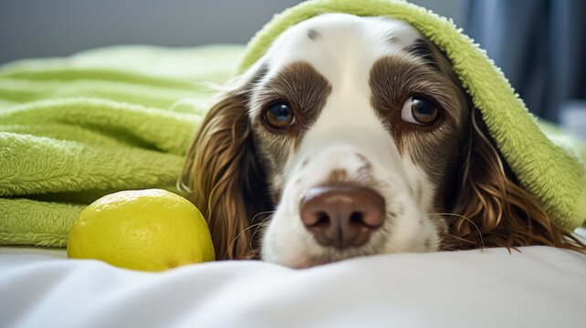 Dog English Springler Spaniel relaxed from spa procedures covered with a towel.
