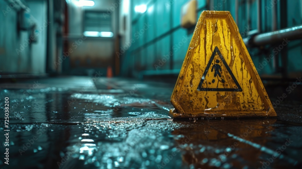 Poster A picture of a wet floor with a caution sign. Can be used to warn about slippery surfaces and the need for caution